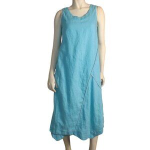 J.JILL Linen Dress, XS, Aqua Blue, Midi,Flap front Asymmetrical Hem, Sleeveless